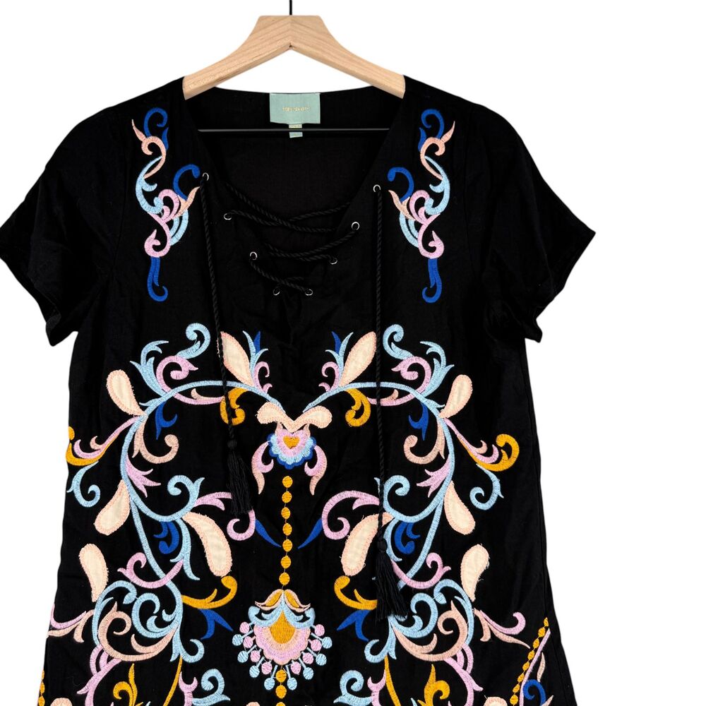 Skies Are Blue Dress Women Small Black Embroidered Boho Lace Up Tassel Shift EUC - Picture 3 of 9